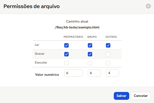 Janela Permissões de arquivo, com Ler, Gravar e Executar para proprietário, grupo e outros