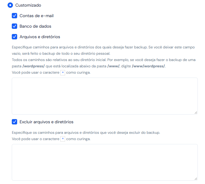 Opção Customizado aberta: as caixas Contas de e-mail, Banco de dados, Arquivos e diretórios com o campo de caminhos, e Excluir arquivos e diretórios com o seu campo