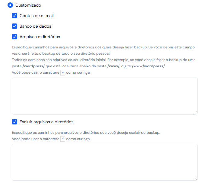 Opção Customizado aberta: as caixas Contas de e-mail, Banco de dados, Arquivos e diretórios com o campo de caminhos, e Excluir arquivos e diretórios com o seu campo