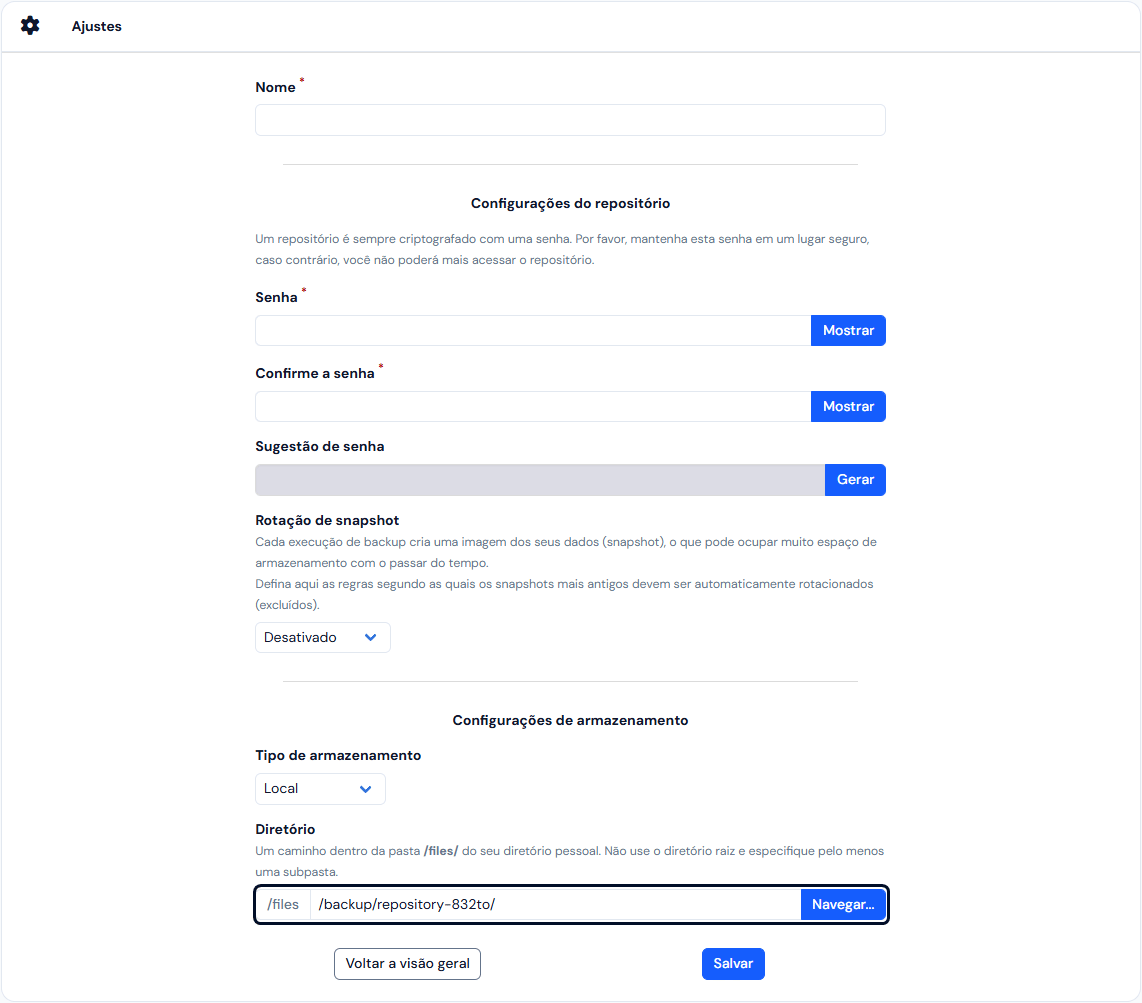 Formulário Adicionar repositório: Nome, Senha, Confirme a senha, Sugestão de senha com Gerar, Rotação de snapshot, Tipo de armazenamento Local e o Diretório dentro de /files, em destaque