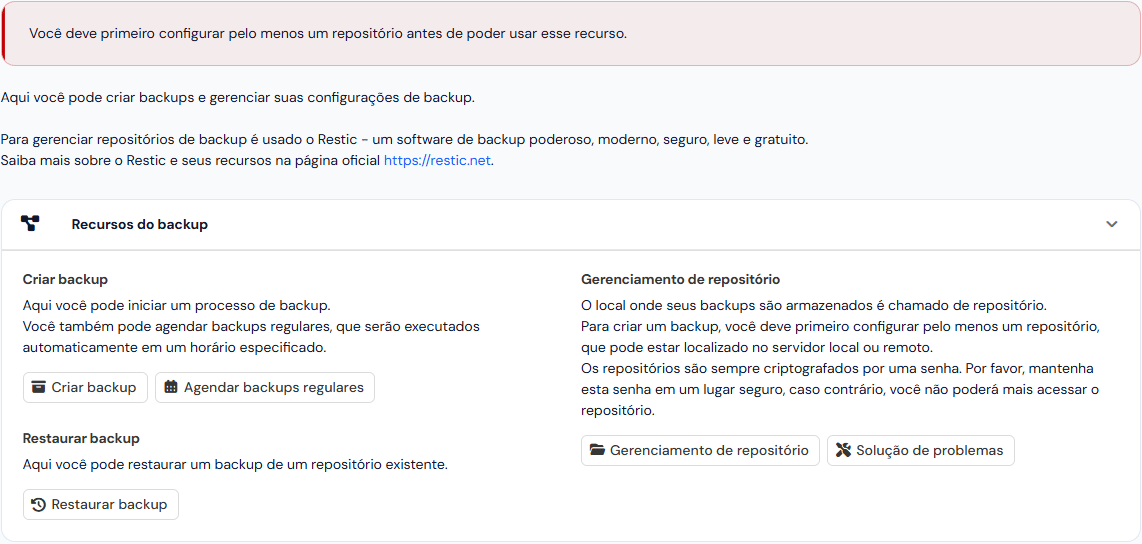 Tela Backup com a mensagem Você deve primeiro configurar pelo menos um repositório e os botões dos recursos