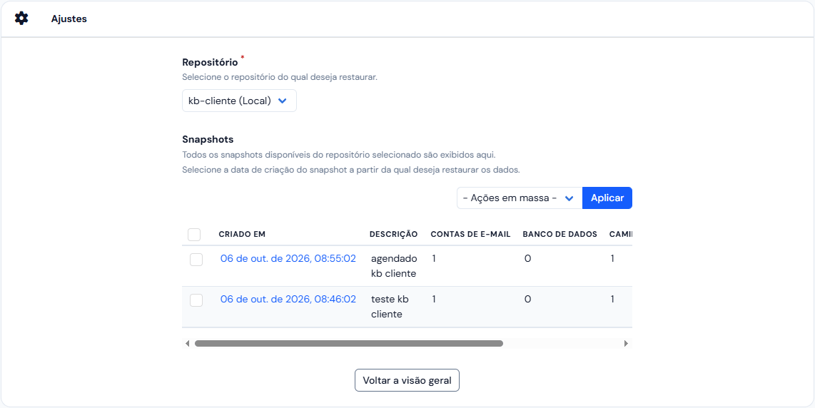 Tela de restauração: o Repositório escolhido e a lista Snapshots, com a data, a descrição e as quantidades de cada snapshot