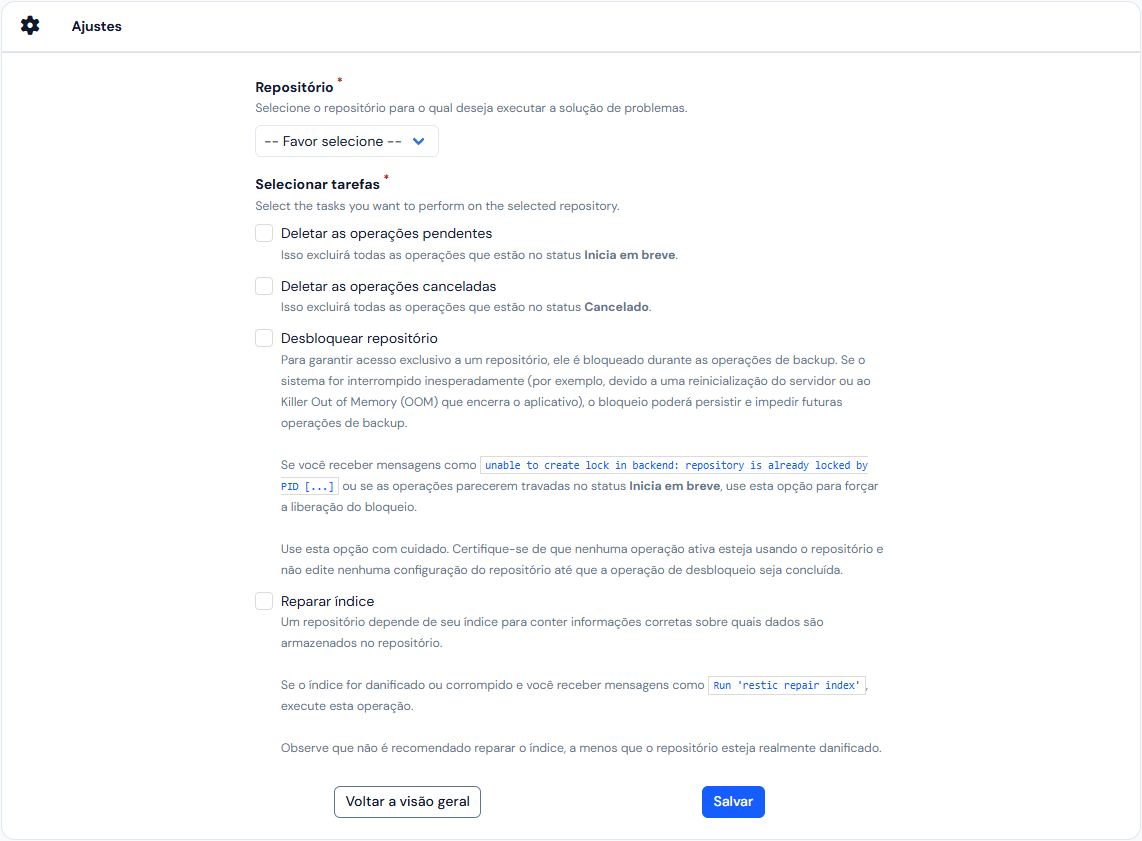 Tela Solução de problemas: o Repositório e as quatro tarefas, Deletar as operações pendentes, Deletar as operações canceladas, Desbloquear repositório e Reparar índice, cada uma com a explicação