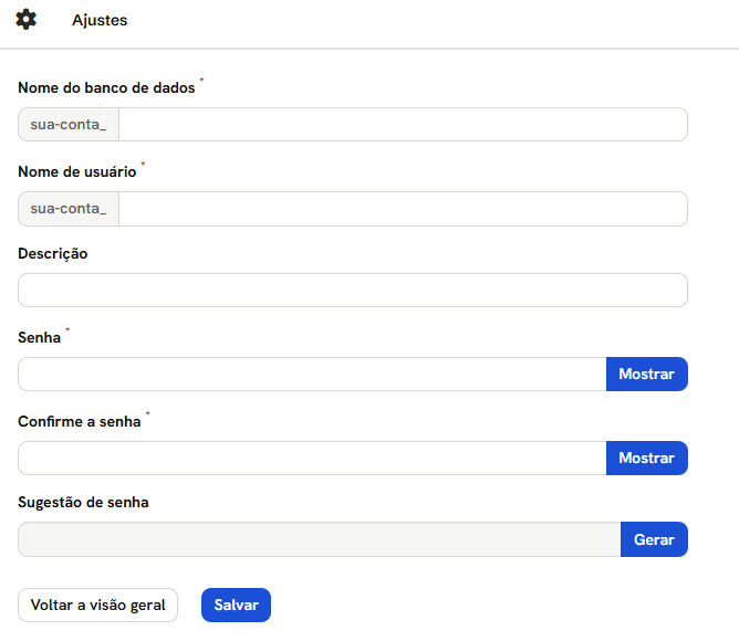 Formulário Adicionar banco de dados: Nome do banco de dados e Nome de usuário com o prefixo fixo, Descrição, Senha, Confirme a senha e Sugestão de senha com Gerar