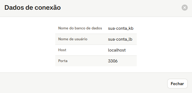 Janela Dados de conexão: Nome do banco de dados, Nome de usuário, Host localhost e Porta 3306