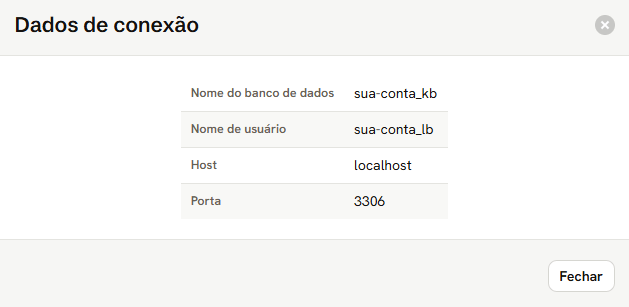 Janela Dados de conexão: Nome do banco de dados, Nome de usuário, Host localhost e Porta 3306