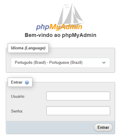 Tela de entrada do phpMyAdmin: o seletor Idioma, os campos Usuário e Senha e o botão Entrar