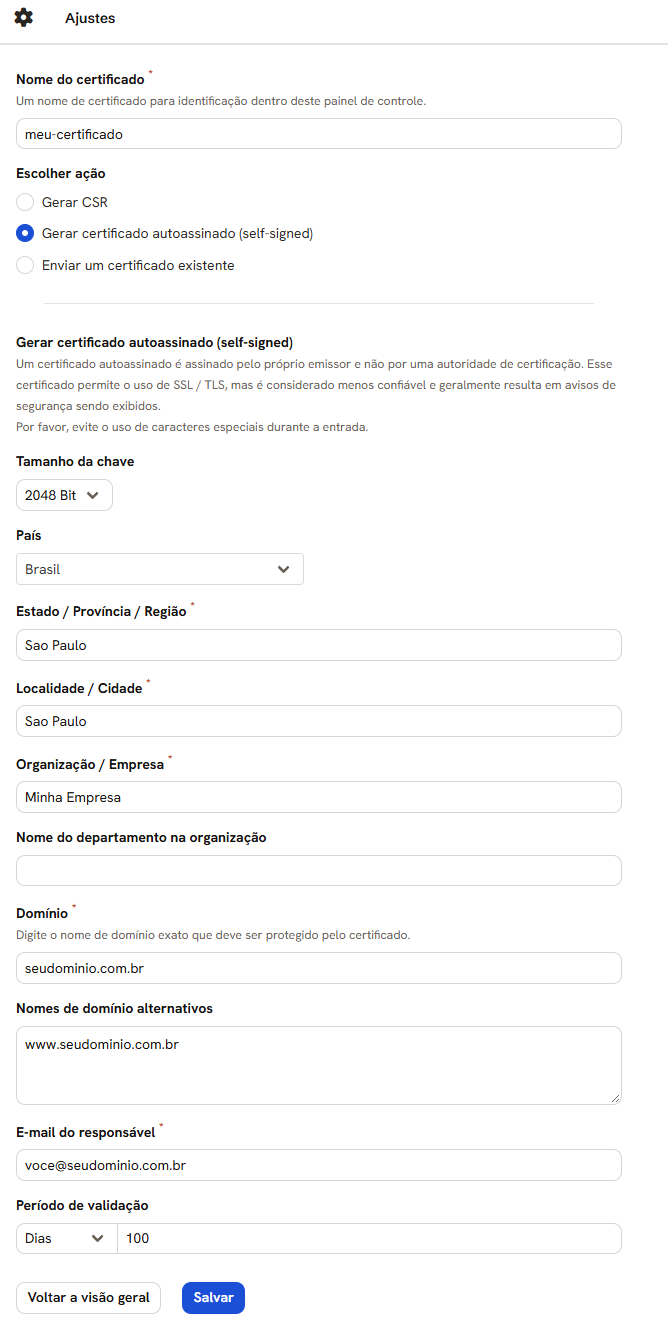 Formulário Adicionar certificado com Gerar certificado autoassinado escolhido: nome, tamanho da chave, país, estado, cidade, empresa, domínio, nomes alternativos, e-mail e período de validação