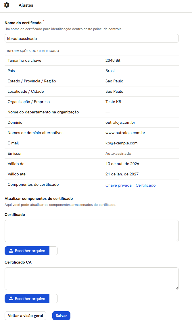 Tela de editar certificado: nome, informações do certificado, os componentes Chave privada e Certificado, e os campos para atualizar o certificado e o certificado CA
