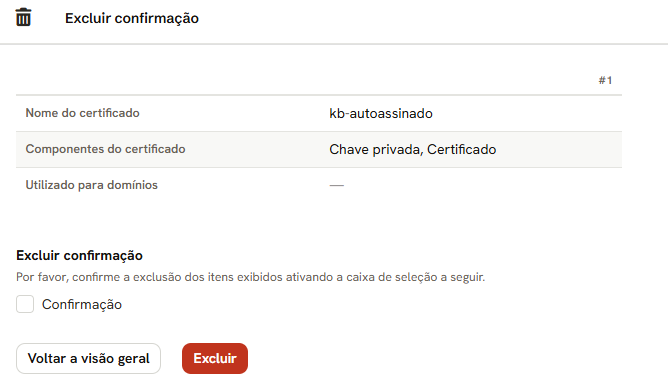 Tela Excluir confirmação: nome do certificado, componentes, os domínios que o usam e a caixa Confirmação