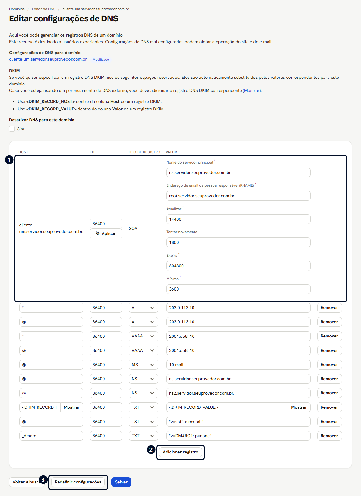 Editar configurações de DNS: o registro SOA, os registros do domínio, Adicionar registro e Redefinir configurações marcados