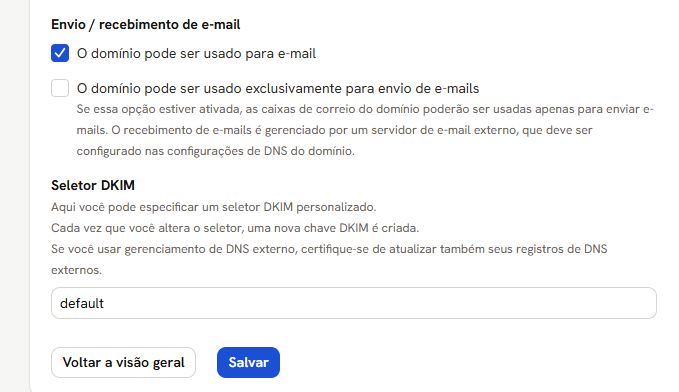 Aba E-mail com as duas opções de uso do domínio para e-mail e o Seletor DKIM