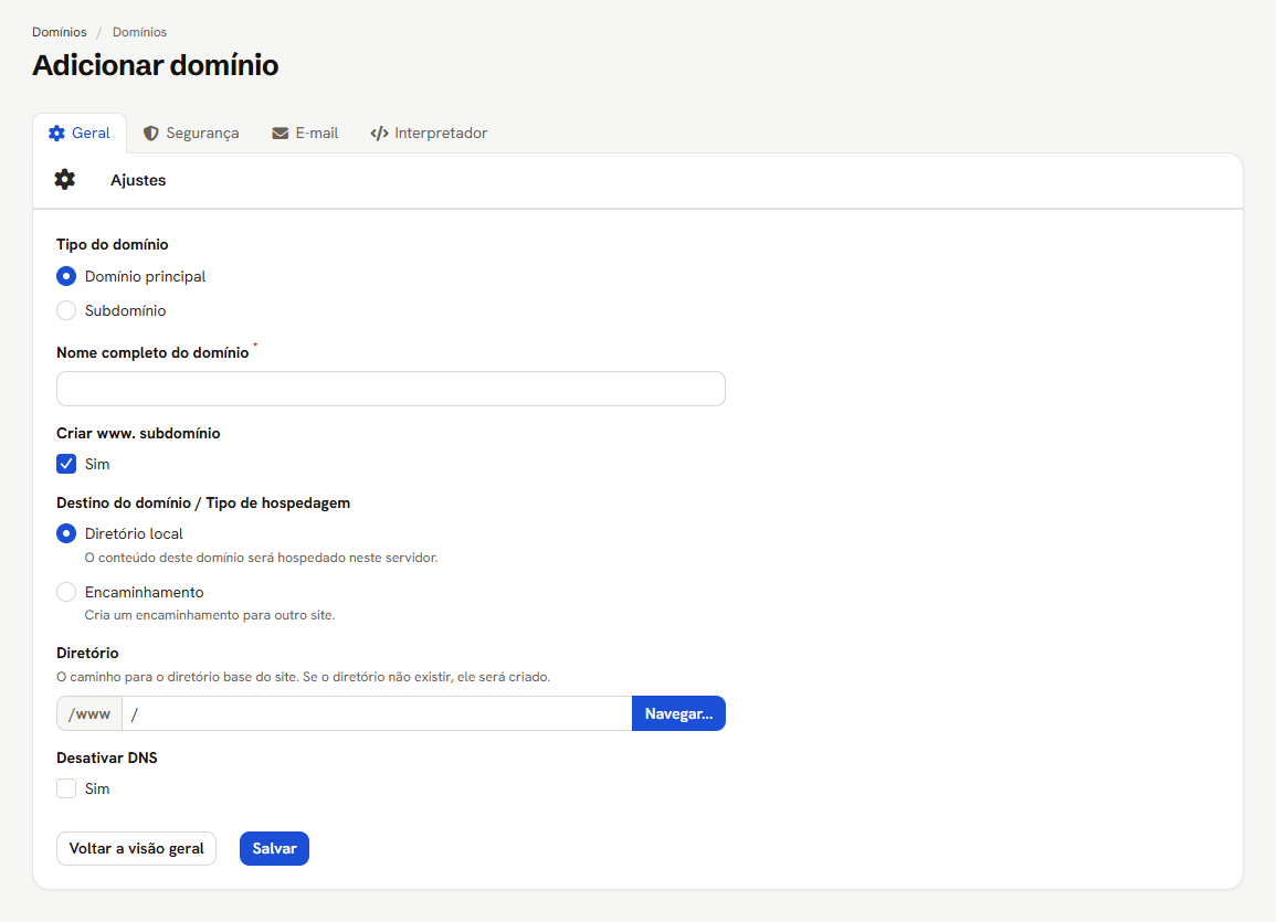 Formulário Adicionar domínio do cliente, aba Geral, com Tipo do domínio, nome, www, destino, diretório e Desativar DNS