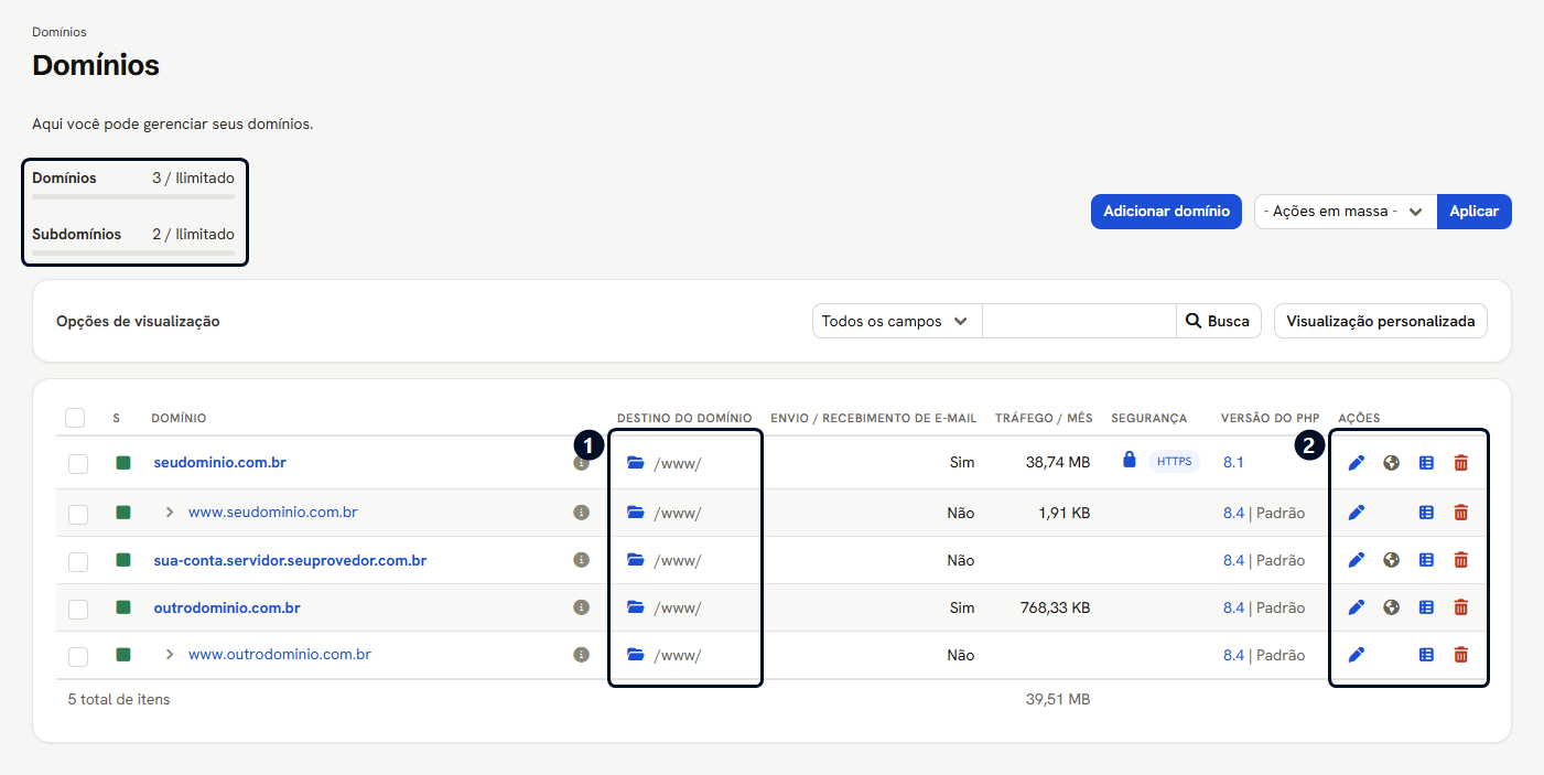 Lista de domínios do cliente, com o uso de domínios e subdomínios, a coluna Destino do domínio e as ações marcadas