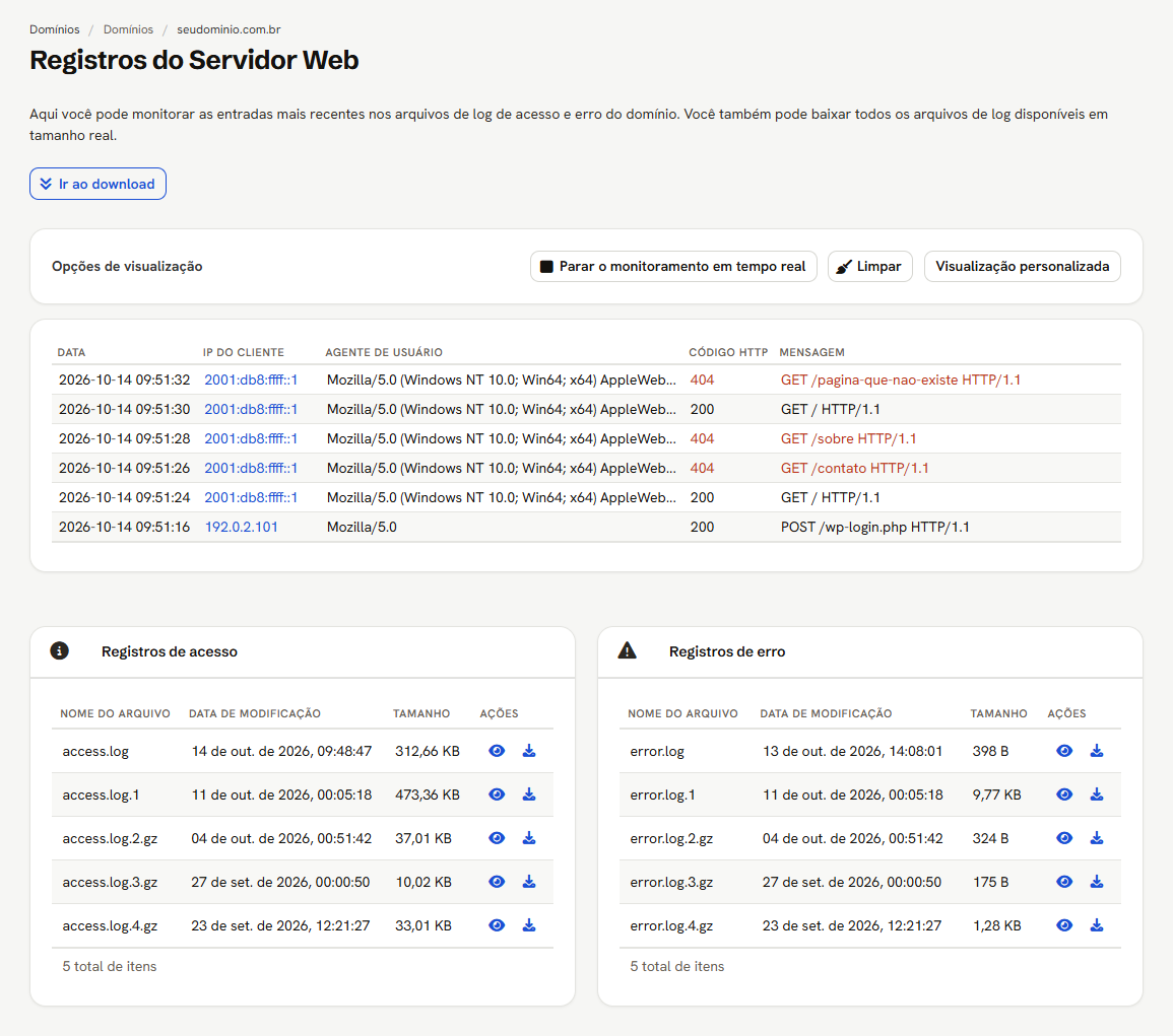 Registros do Servidor Web em tempo real, com os acessos mais recentes, e as tabelas de download dos arquivos de acesso e de erro