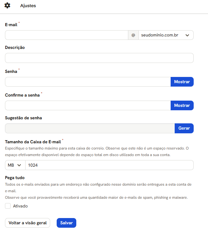 Formulário Adicionar conta de e-mail, aba Geral: E-mail com a lista de domínios, Descrição, Senha, Confirme a senha, Sugestão de senha com Gerar, Tamanho da Caixa de E-mail e Pega tudo