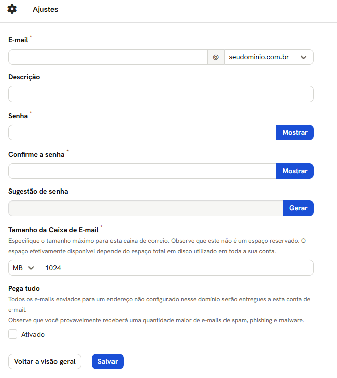 Formulário Adicionar conta de e-mail, aba Geral: E-mail com a lista de domínios, Descrição, Senha, Confirme a senha, Sugestão de senha com Gerar, Tamanho da Caixa de E-mail e Pega tudo
