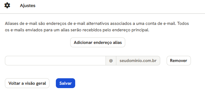 Aba Endereços de alias: o texto explicando o alias, o botão Adicionar endereço alias e uma linha com o campo do nome, o domínio fixo e o botão Remover