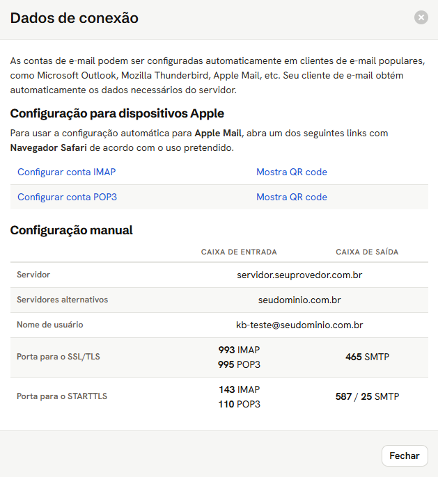 Janela Dados de conexão: os links de configuração para dispositivos Apple com o QR code, e a configuração manual com servidor, servidores alternativos, nome de usuário e as portas de entrada e saída