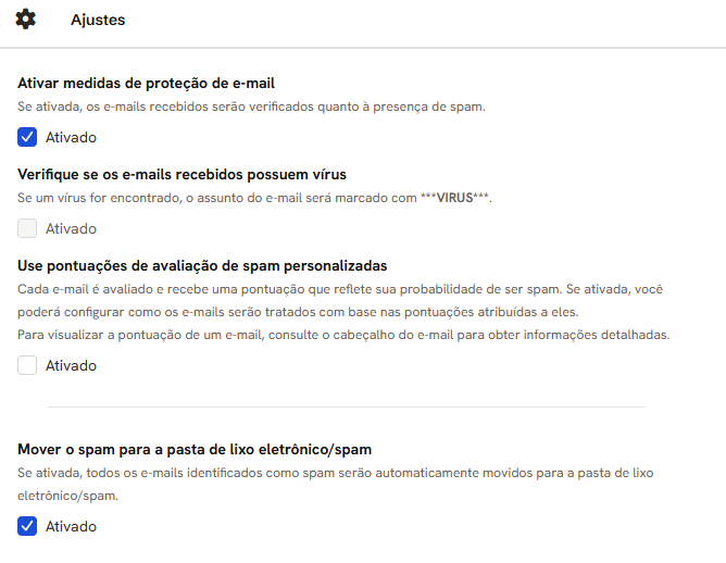 Aba Configurações avançadas, primeira parte: Ativar medidas de proteção de e-mail ligada, Verifique se os e-mails recebidos possuem vírus em cinza, Use pontuações de avaliação de spam personalizadas desligada e Mover o spam para a pasta de lixo eletrônico/spam ligada