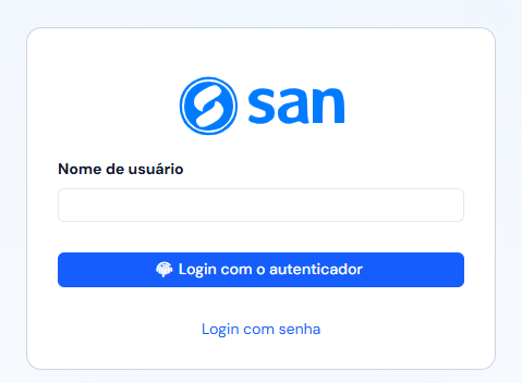 Tela de entrada no modo autenticador: só o Nome de usuário, o botão Login com o autenticador e o link Login com senha