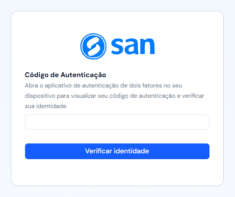 Tela Código de Autenticação, com o campo do código e o botão Verificar identidade