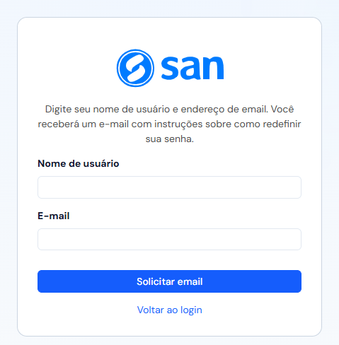 Tela Esqueceu a senha: Nome de usuário, E-mail, o botão Solicitar email e o link Voltar ao login