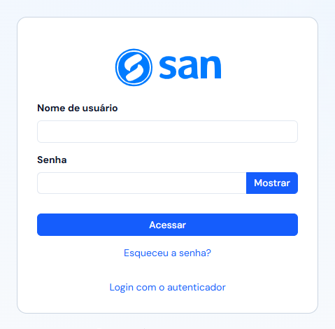 Tela de entrada: Nome de usuário, Senha com o botão Mostrar, o botão Acessar e os links Esqueceu a senha? e Login com o autenticador