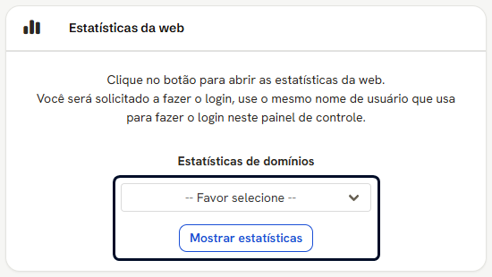 Cartão Estatísticas da web, com a lista de domínios e o botão Mostrar estatísticas