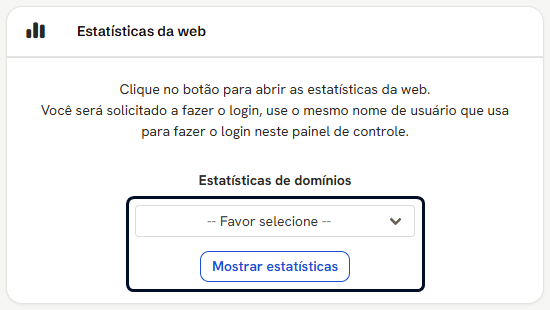 Cartão Estatísticas da web, com a lista de domínios e o botão Mostrar estatísticas