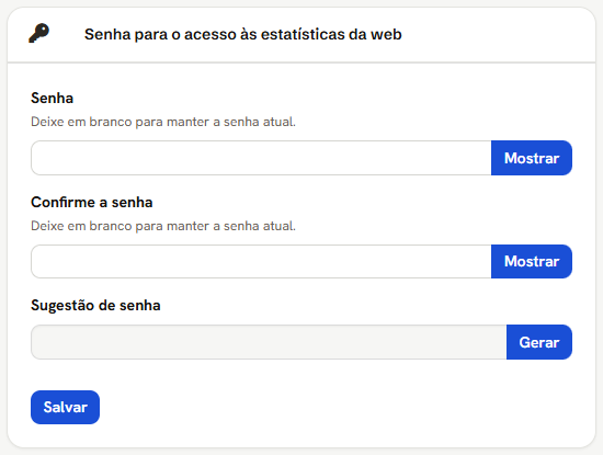 Cartão da senha das estatísticas da web: Senha, Confirme a senha e Sugestão de senha