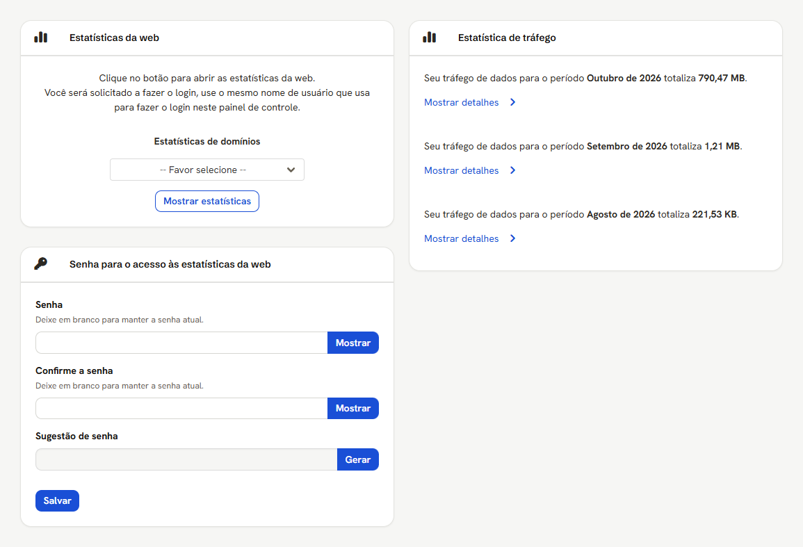 Tela de Estatísticas com os cartões Estatísticas da web, Estatística de tráfego e a senha de acesso