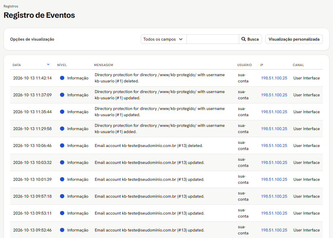 Tela Registro de Eventos: a barra de busca com Visualização personalizada e a lista de eventos, a mais nova em cima