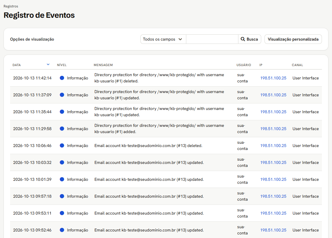 Tela Registro de Eventos: a barra de busca com Visualização personalizada e a lista de eventos, a mais nova em cima