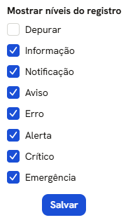 Balão Mostrar níveis do registro, com as oito caixas, Depurar desmarcada, e o botão Salvar