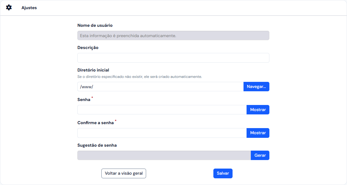 Formulário Adicionar usuário FTP: Nome de usuário preenchido automaticamente, Descrição, Diretório inicial com Navegar, Senha, Confirme a senha e Sugestão de senha com Gerar