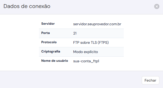 Janela Dados de conexão: Servidor, Porta 21, Protocolo FTP sobre TLS (FTPS), Criptografia Modo explícito e Nome de usuário