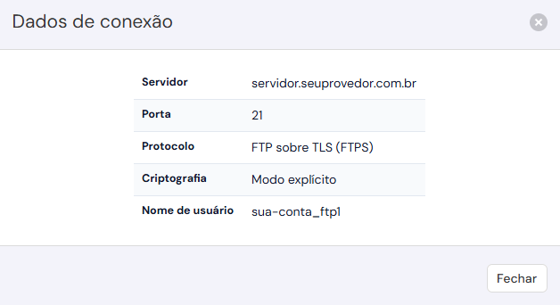 Janela Dados de conexão: Servidor, Porta 21, Protocolo FTP sobre TLS (FTPS), Criptografia Modo explícito e Nome de usuário