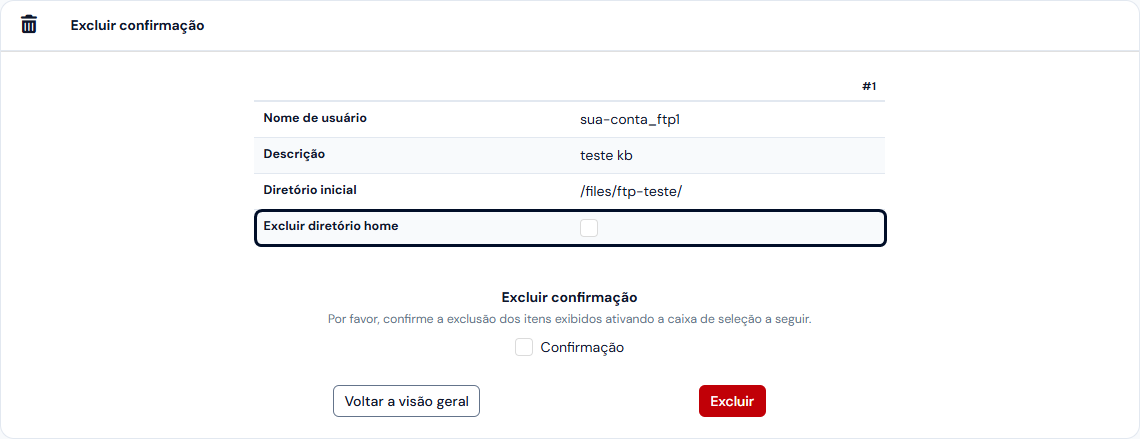 Página Excluir confirmação: o nome, a descrição e o diretório do usuário, com a caixa Excluir diretório home marcada, e a caixa Confirmação