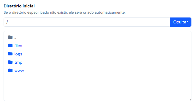 Diretório inicial com a lista de pastas aberta: o caminho barra no campo, o botão Ocultar e as pastas files, logs, tmp e www