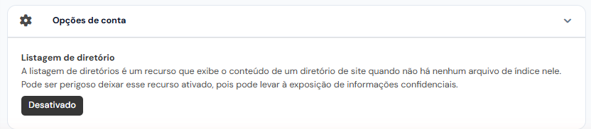 Cartão Opções de conta, com a listagem de diretório desativada