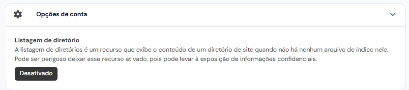Cartão Opções de conta, com a listagem de diretório desativada