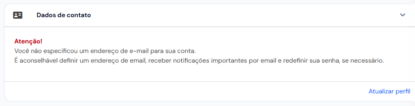 Cartão Dados de contato avisando que a conta não tem e-mail