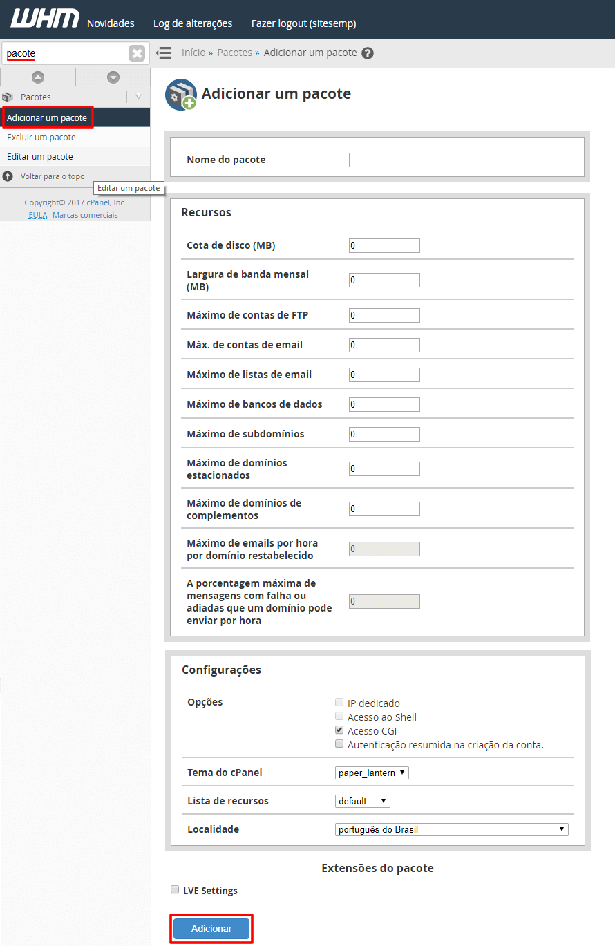 Adicionar pacote no WHM