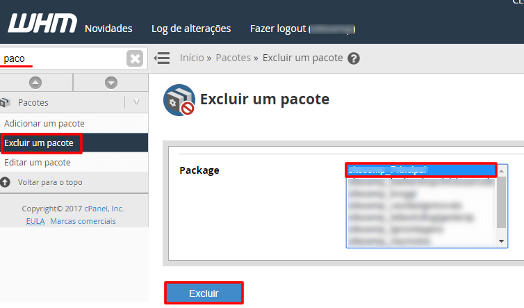 Excluir um pacote no WHM