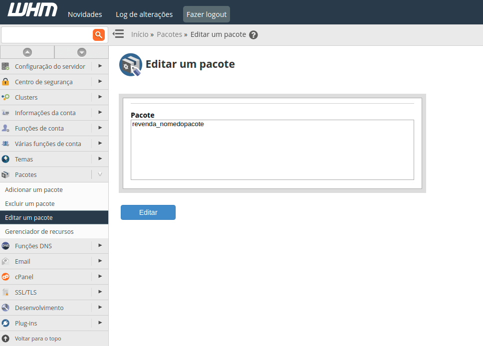 Editar pacote no WHM