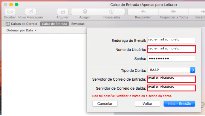 E-mail no macOS X - Contas