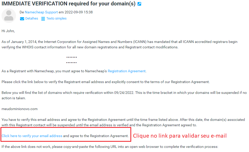 E-mail de validação de domínio - Namecheap