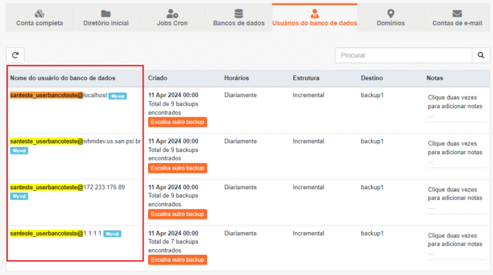 JetBackup - Usuários de banco de dados