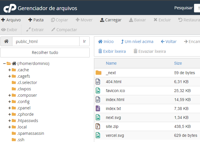 cPanel - Gerenciador de arquivos
